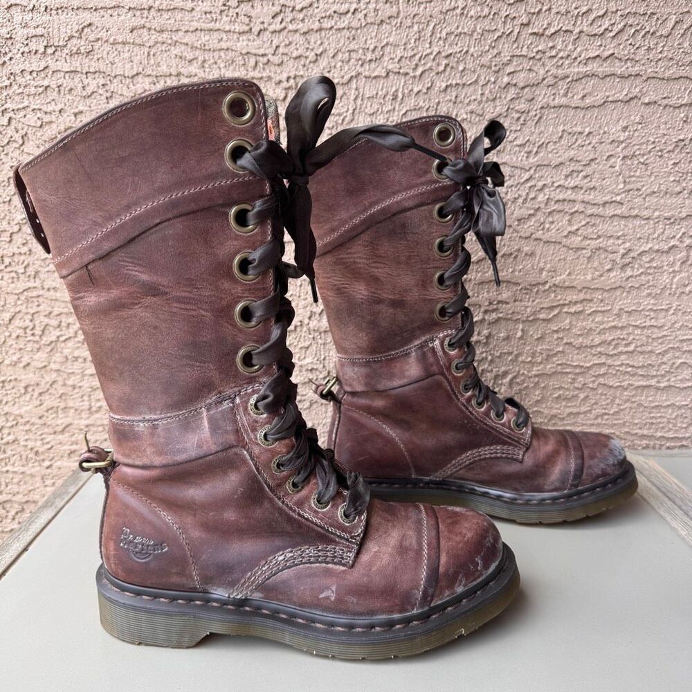 Dr. Martens Triumph Boots Womens Sz 8 Brown Pink Floral Foldover Tall Combat - Picture 3 of 16